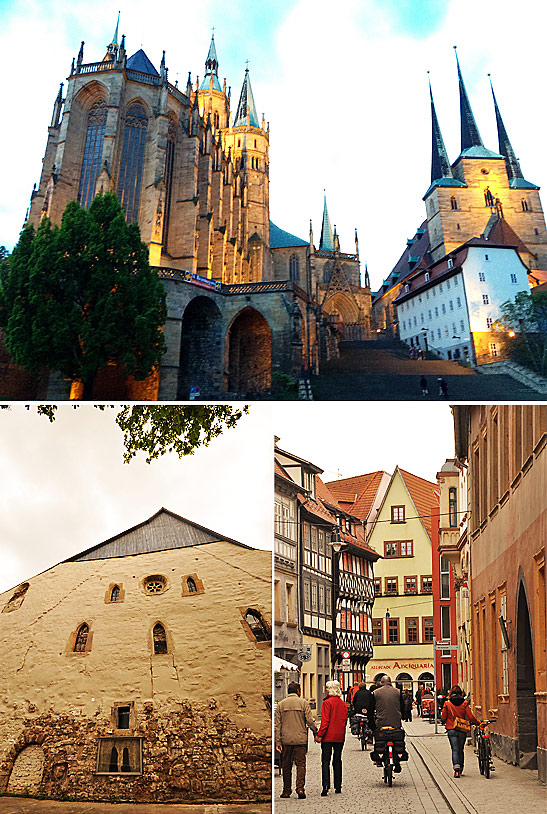 another view of the cathedrals of St. Mary and St. Severi, the restored Jewish synagogue in Erfurt and buildings in the area near the synagogue