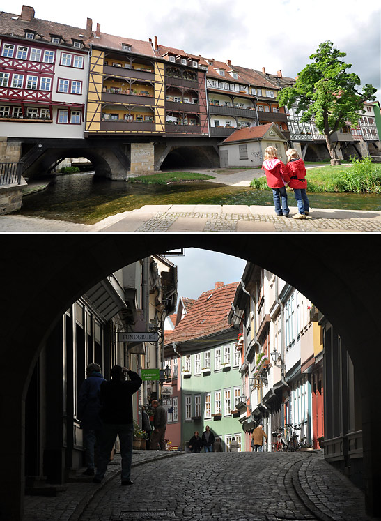 two photos of the Kramerbruke, the Merchants' Bridge, with inhabited houses on its full span, Erfurt