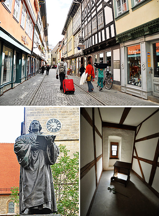 a street in Erfurt; a statue of Martin Luther in front of the monastery where he once served and the cell where he slept