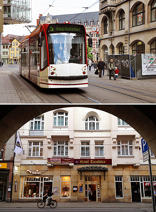 Rail Europe train in Erfurt and the Hotel Excelsior near the railway station in Erfurt