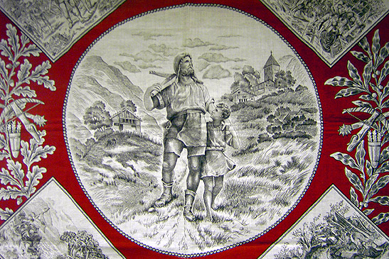 Tapestry of William Tell and his son, Switzerland.