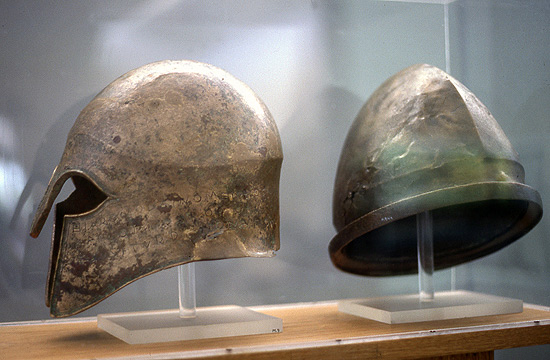 helmets of Miltiades and Persian general, museum in Olympia, Greece