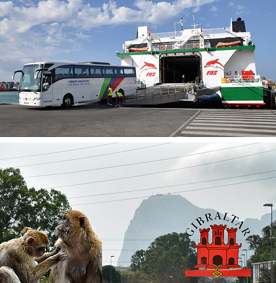 top: ferry from North Africa unloading Insight Vacations coach at Gibraltar; bottom: Barberry Apes at Gibraltar