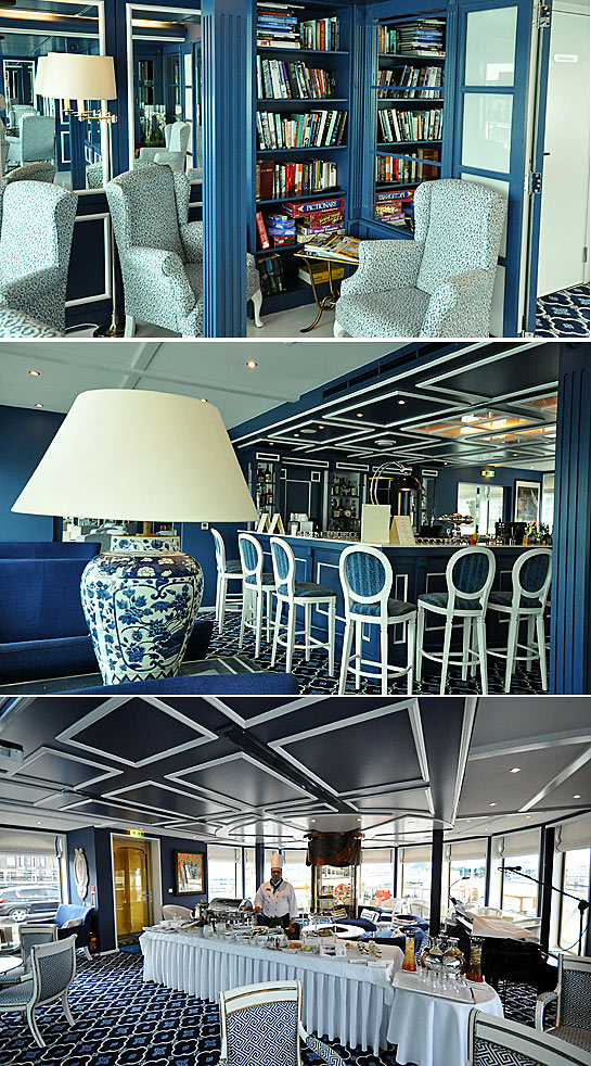 interior views of the River Queen: the library, bar and the lounge