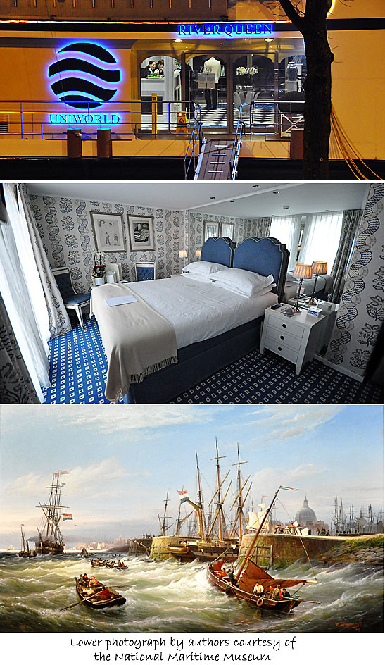 from top: ramp leading to the River Queen, a room inside the River Queen and a painting at the National Maritime Museum in Amsterdam