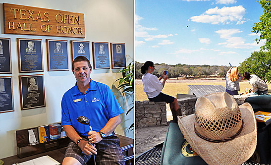 left: golf instructor Mike Vardeman; right: visitors target shooting with instructor