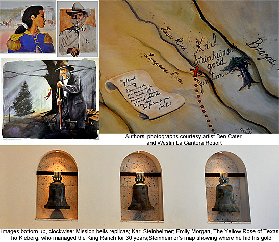 top left: wall paintings by artist Ben Cater; top right: reproduction of Karl Steinheimer's map on the ceiling of the resort's Steinheimer's Lounge; bottom: missions bells replicas