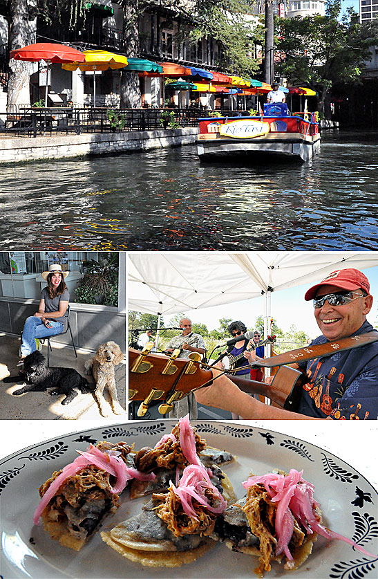 top: the River Walk in downtown San Antonio; bottom: a plate of cochinita pibil or marinated slow roasted pork at the La Gloria restaurant