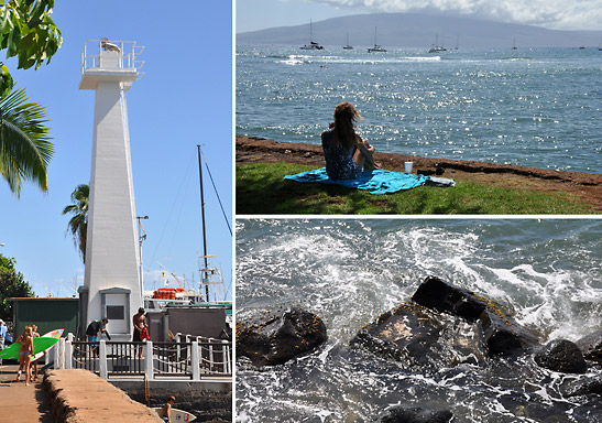the Lahaina lighthouse; woman contemplating on the beach with the island of Molokai in the background; the Hauola Stone