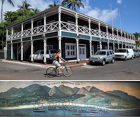 top: the Pioneer Inn; bottom: whaling decoration on wall of Pioneer Inn