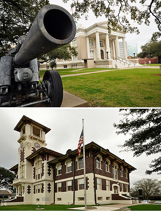 top: the old court house with a German World War 2 howitzer in the foreground, Lake Charles; bottom: the old town hall, now an Arts & Cultural Center