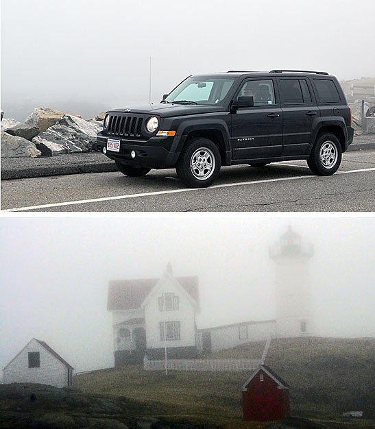 writer's sports utility and the lighthouse at Cape Neddick in foggy weather