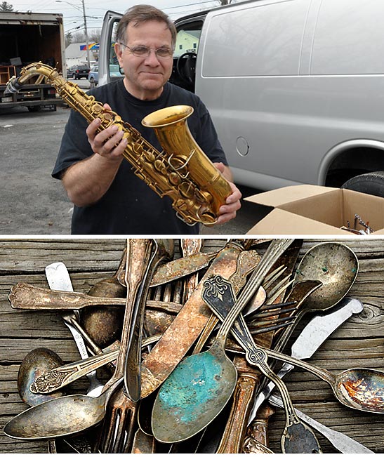 saxophone and other items at an antique shop, Maine