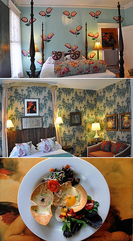two of the bedrooms at the Pomegranate Inn; breakfast