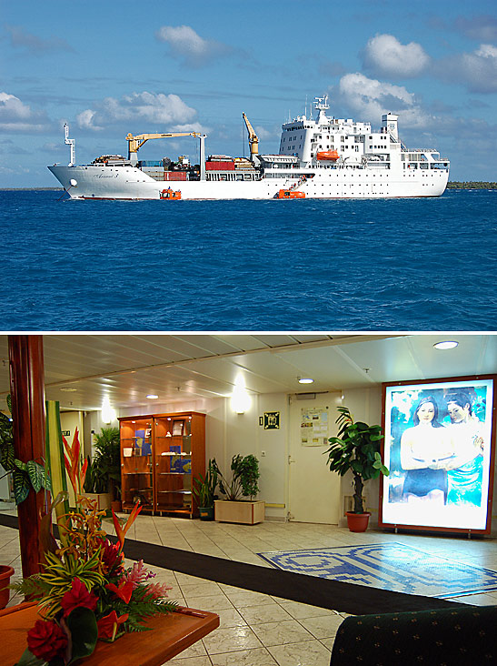 top: the freighter Aranui 3; bottom: a view of the interior of the Aranui 3