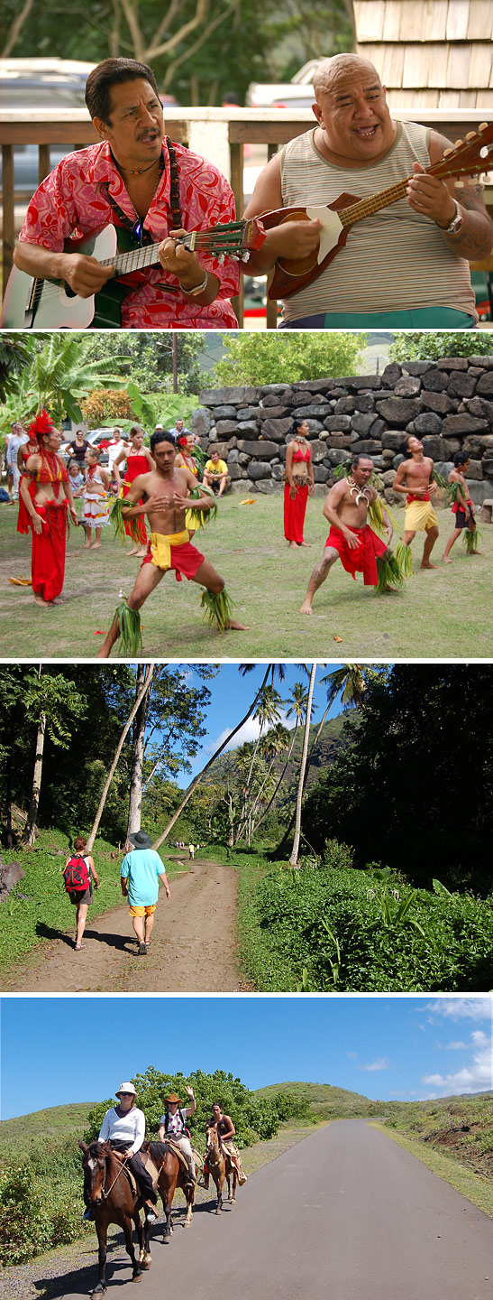 views on the Marquesa Islands showing natives performing traditional music and dance and tourists hiking and exploring the islands on horsebackk