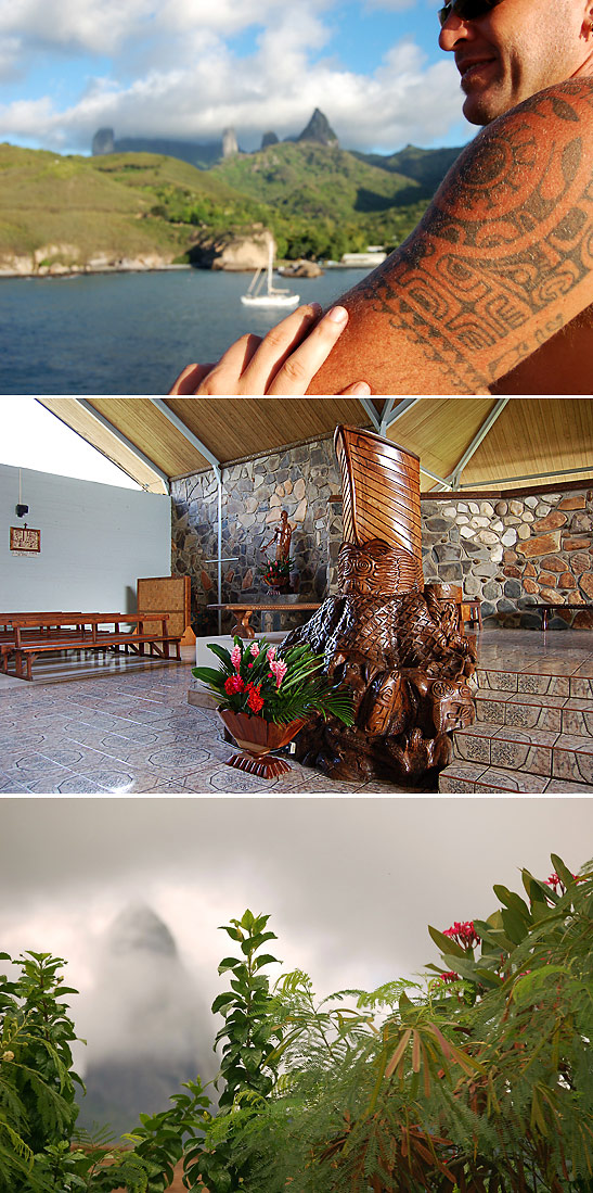 scenes from Oa Pou: tattooing, beautiful church pulpit carvings and vegetation with with the island's tall basalt spires in the background