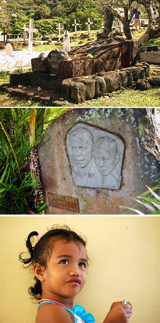scenes from the island of Hiva Oa: the graves of artist Paul Gauguin and songwriter Jacques Brel and a native child