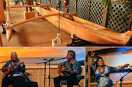 top: canoe on display at the Napili Kai Beach Resort; bottom: George Kahumoku, Jr., Richard H and his wife performing