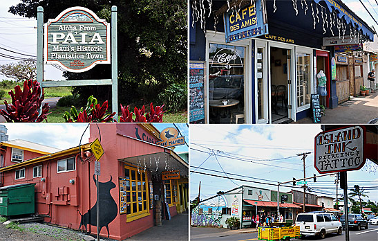 welcome sign in Paia, the Cafe des Amis and other shops in Paia, Maui