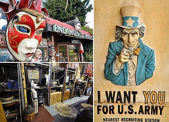 left: exterior and interior views of Endangered Pieces, an antique and junk shop in Pukalani; right: a US Army recruiting poster at Endangered Pieces