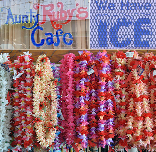 top: Aunty Ruby's Cafe; bottom: leis on display