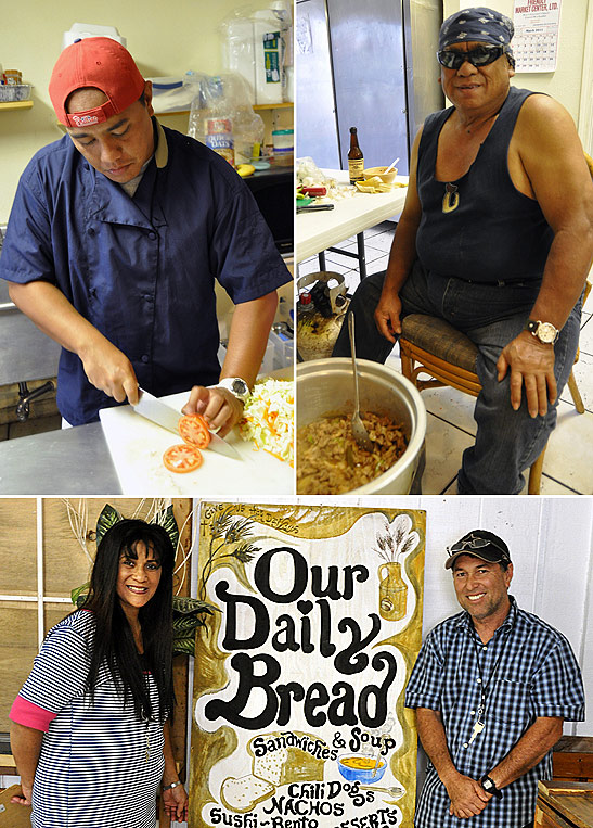 top left: Mayson Ponlo Asano, Jr., a cook at Aunt Ruby's; bottom: William Umi III and his wife at their sandwich shop, Our Daily Bread