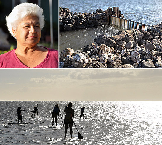 clockwise from top left: Aunty Julia, a gate and stone wall at one of the historic fishponds on the south shore of Molokai, stand up paddle surfers on the beach