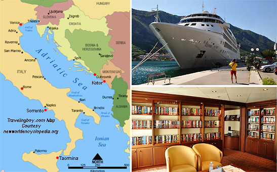 map showing the Adriatic Sea, the Silversea cruise ship Silver Wind docked in a pier and the library of the cruise ship