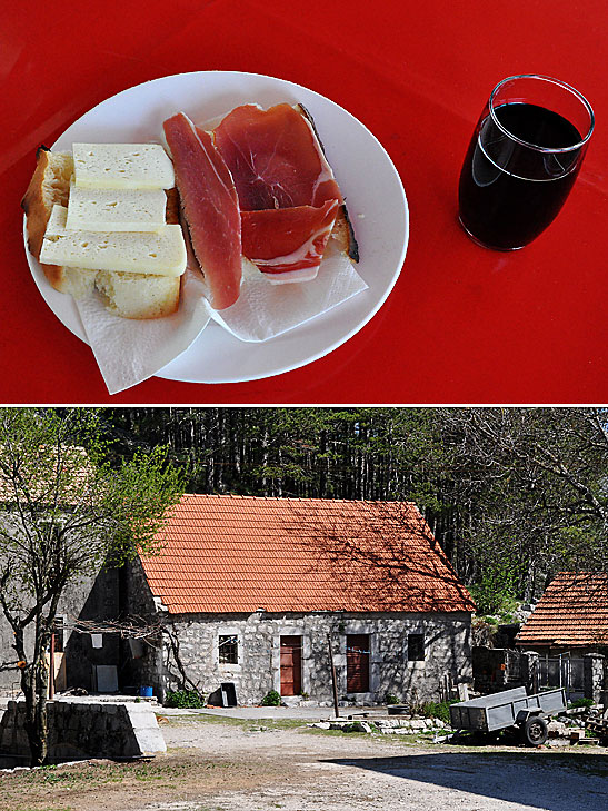 Njeguski prsut and sir (prosciutto and cheese) and one of the houses in the village of Njegusi 