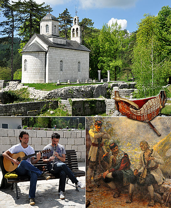 the Court Church in Cetinje, two musicians outside the National Museum and a painting of musicians in the National Museum, Cetinje