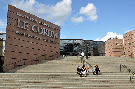 steps leading to Le Corum, a venue for opera and symphony concerts