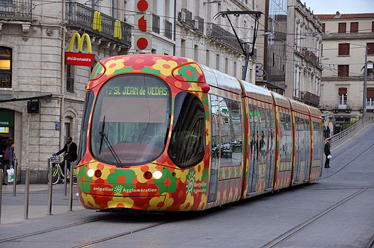 one of Montpellier's colorful trams