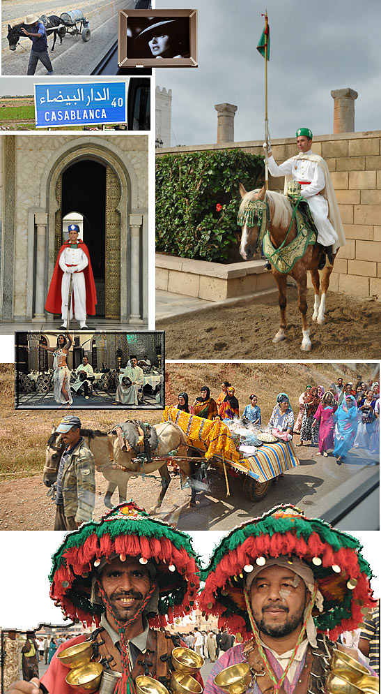 scenes from Morocco: worker, Casablanca sign, guards at the capital Rabat, belly dancer, a traditional parade ceremony and two performers at the main market square in Marrakesh; inset: a scene from the classic movie Casablanca