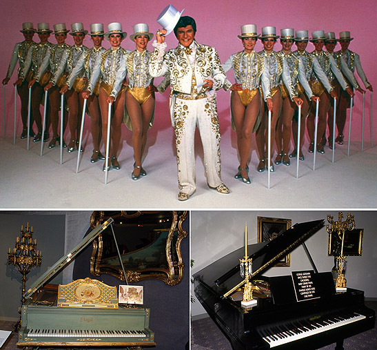 the late Liberace with Las Vegas showgirls, Pleyer piano and Chickering piano