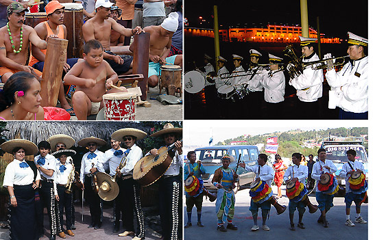 a collage of musicians from the Marquesas Islands, China, Mexico and Cambodia