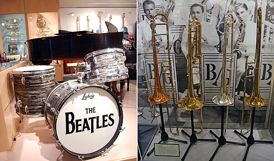 drums used by The Beatles and wind instruments on display at the Museum of Making Music, Carlsbad, CA