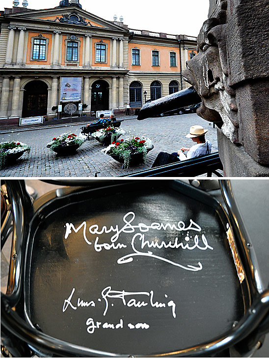 top: the Nobel Nuseum in Gamla Stan square, Stockholm; bottom: signature of Mary Soames Churchill at the bottom of a chair at the Nobel Museum cafe