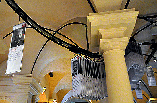 placards of Nobel Prize laureates overhead at the Nobel prize museum