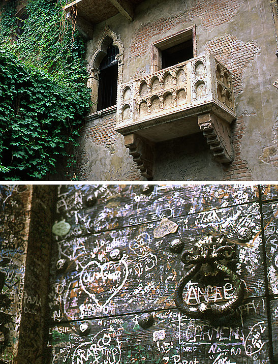 balcony and graffiti on wall at the Casa di Giulietta, Verona, Northern Italy
