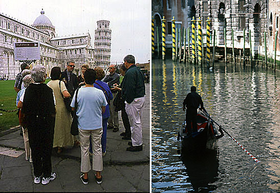 left: visitors at the Leaning Tower of Pisa; right: boat gliding through a canal in Venice, Northern Italy