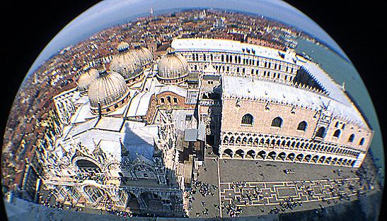 view of St Mark's Cathedral and Venetian houses from the Campanile, Venice, Northern Italy