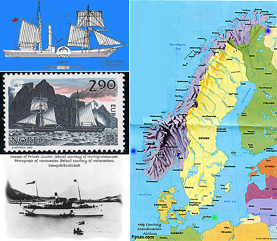 left: images and commemorative stamp of the Prinds Gustav; right: map of Norway