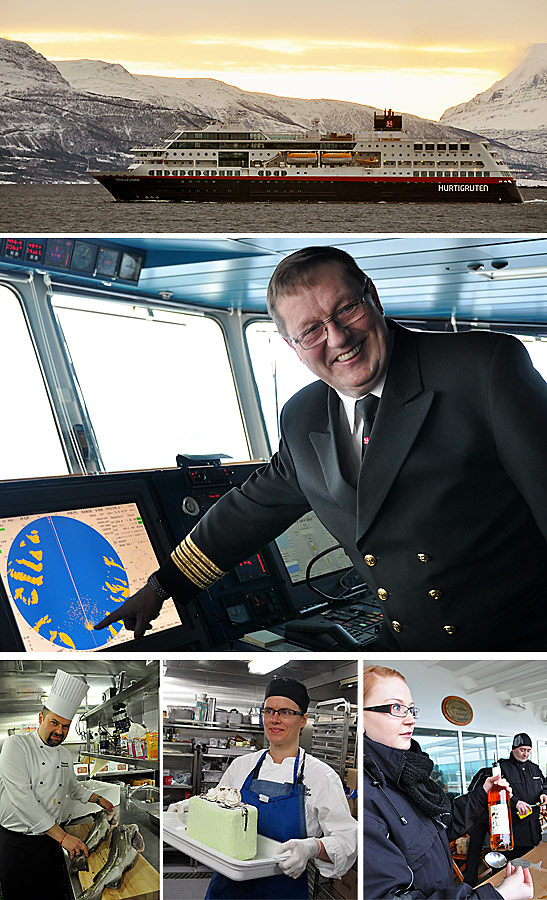 from top: the MS. Trollfjord, Captain Arne-R. Gran Ernstsen, Chef Roy Kristensen in the kitchen, kitchen staff with dessert and shore excursions manager Isobell Hogseth getting ready to serve a drink