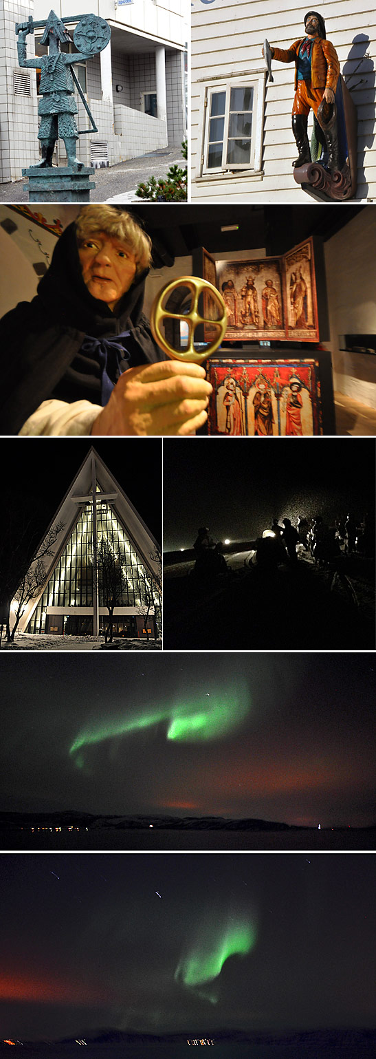 from top: statue of Viking in Sandnessjoen, a ship's figurehead in Bergen, rural museum in Vesteralen, the Arctic Cathedral in Tromso, a Polar Night snowmobile trip in Mehamn, and the Aurora Borealis