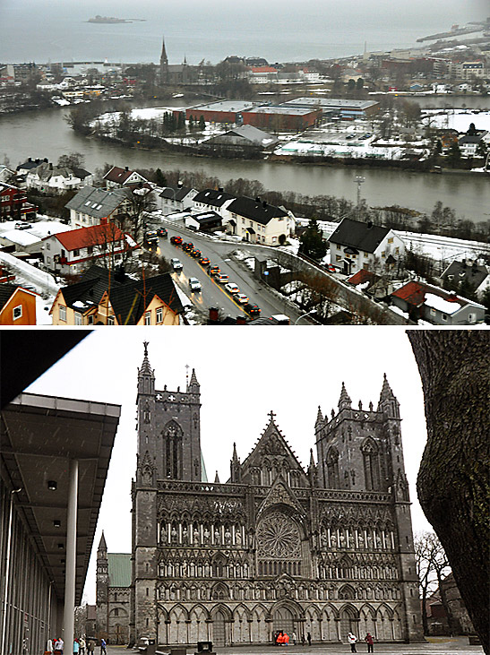 top: aerial view of Trondheim, Norway; bottom: the Nidaros Cathedral, Trondheim