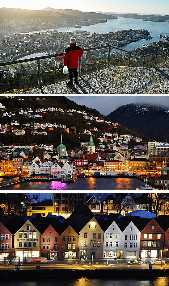 top: view of Bergen from Mt. Floyen; bottom pictures: night shots of Bergen from the Clarion Hotel Admiral
