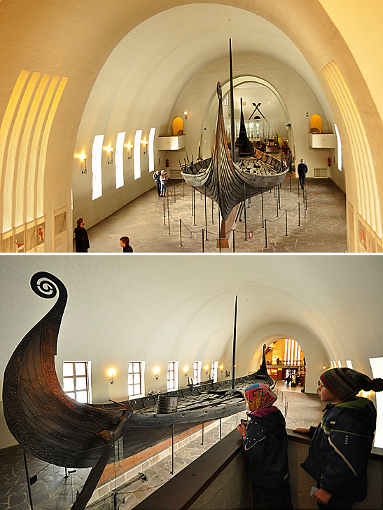 top: a burial ship at the Viking Ship Museum, Oslo; bottom: 2 young Norwegians looking at the Oseberg Ship, Viking Ship Museum