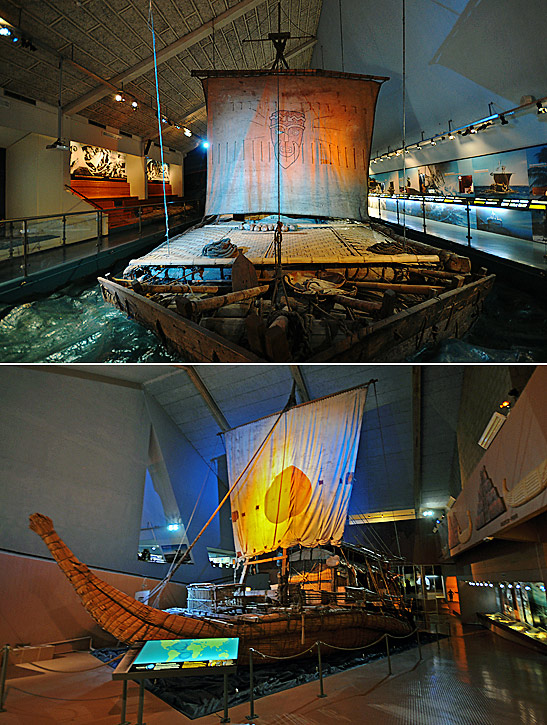 the original raft and reed boat of Thor Heyerdahl at the Kon-Tiki Museum, Oslo