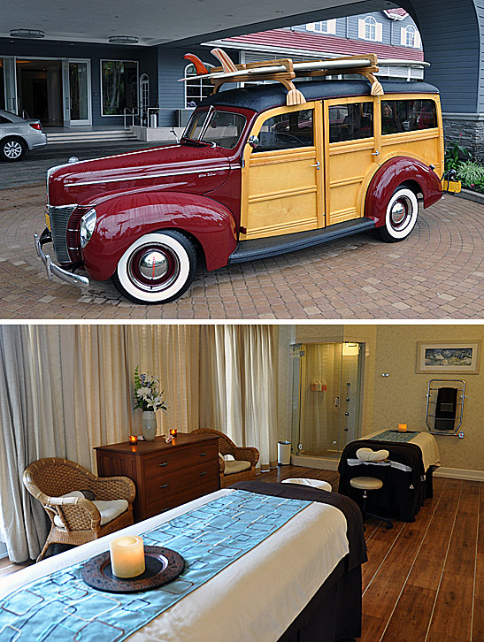 top: a 1940 Woody Ford on display at the Laguna Cliffs Marriott Resort & Spa; bottom: a massage room at the Laguna Cliffs Marriott